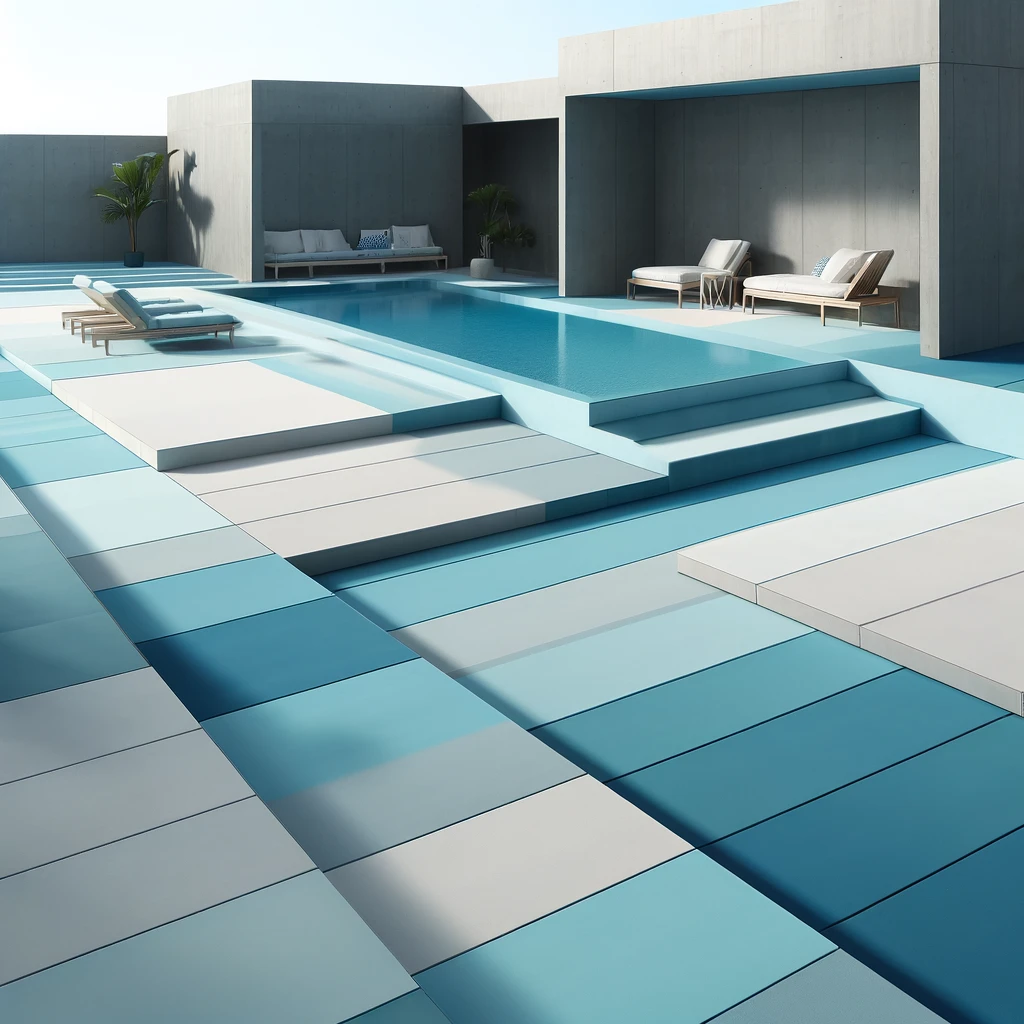 minimalist pool deck with colored concrete in calming blue hues