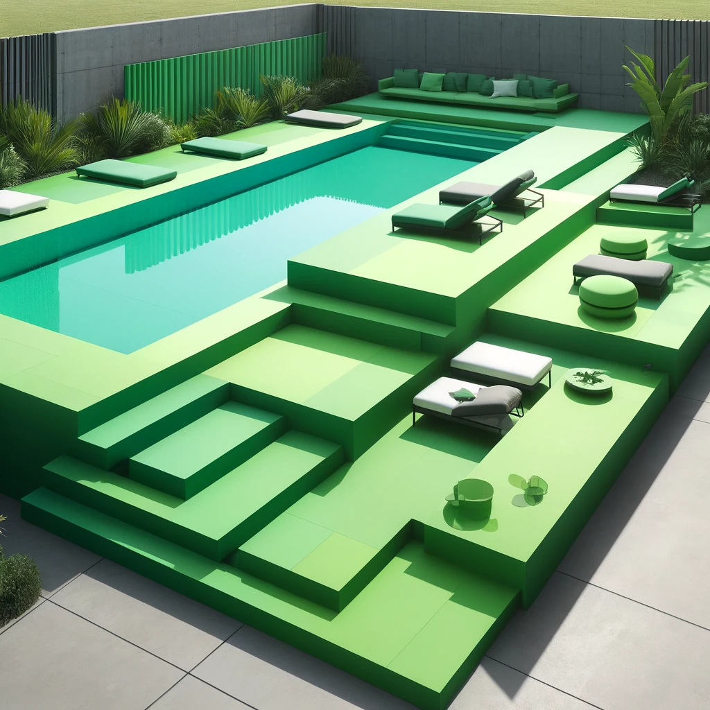 minimalist pool deck with colored concrete in vibrant green hues, titled "Green Envy."